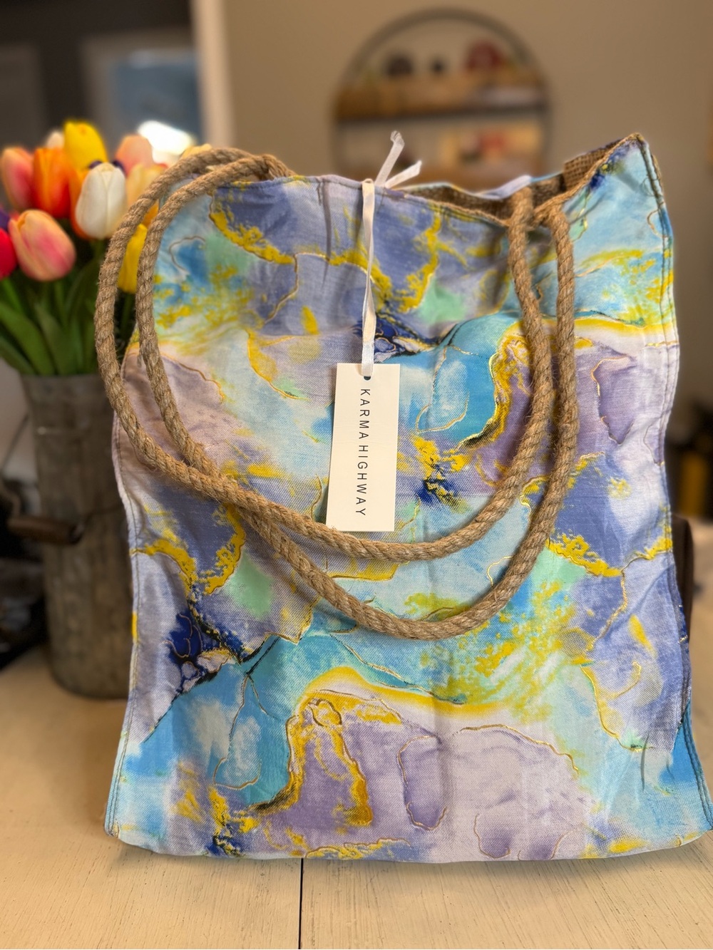 NWT - Karma Highway Marble Print Jute and Rope-Handle Tote